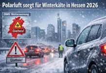 Polarluft trifft Hessen – Winterkälte sorgt für Glättegefahr Winterliche Straßen in Hessen bei Schneefall und Glatteis