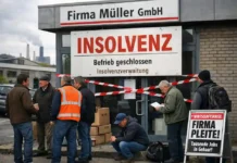 Unternehmensinsolvenzen in Deutschland steigen weiter 2026 Deutsches Unternehmen betroffen von Insolvenzen, Bürogebäude mit Menschen