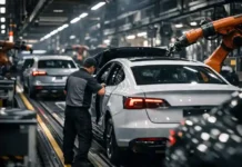 VW startet radikalen Sparkurs und schockt Belegschaft Montageband im Volkswagen-Werk mit Elektrofahrzeugen während einer Produktionsschicht