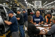 Volkswagen Chattanooga: 20% Lohnerhöhung für Arbeiter Volkswagen Fabrik in Chattanooga, USA, Arbeiter und Montagehalle