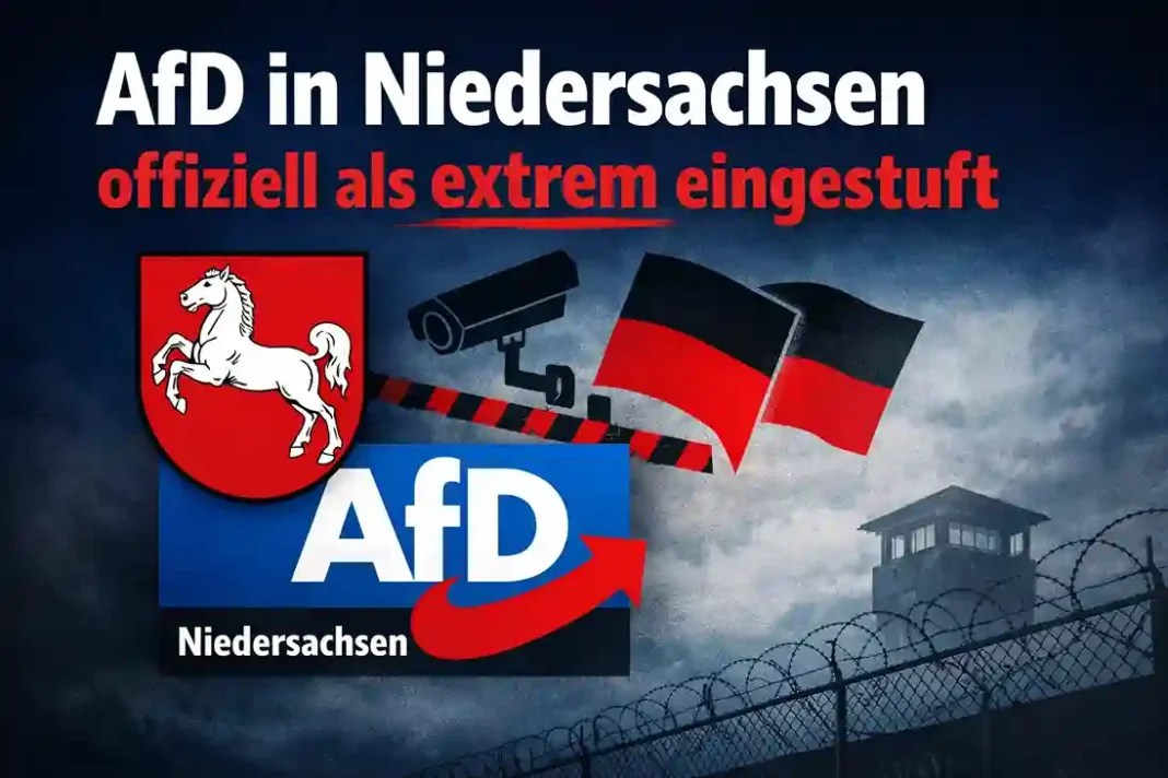 afd-niedersachsen-rechtsextrem-einstufung Logo der Partei Alternative für Deutschland bei politischer Veranstaltung