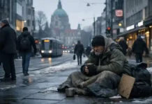Alarmierende Armut in Deutschland: 17,6 Mio. Menschen bedroht Person ohne Obdach in Hannover symbolisiert Armut und soziale Ausgrenzung in Deutschland