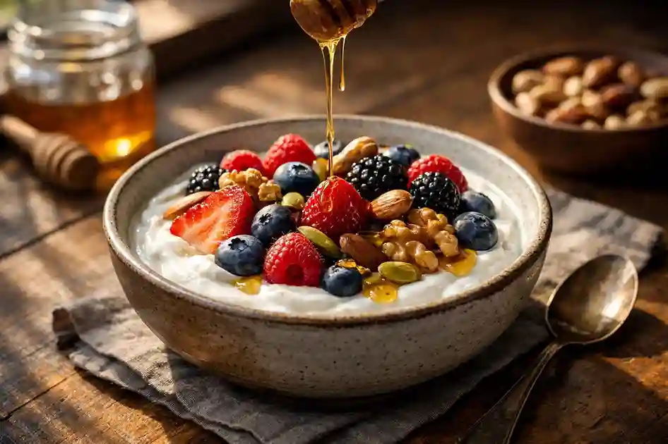 fermentierter-joghurt-gesund-maenner-fruehstueck Schüssel mit fermentiertem Naturjoghurt, Nüssen und Beeren als gesundes Männerfrühstück