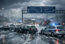 Glatteis-Alarm in Deutschland: DWD warnt vor Lebensgefahr Glatteis auf deutscher Autobahn mit Einsatzfahrzeugen bei winterlichem Unwetter