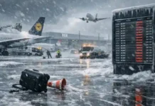 Glatteis stoppt BER: Flugausfälle und Chaos am Flughafen Winterchaos am Flughafen Berlin BER, Schnee und Eis auf den Startbahnen