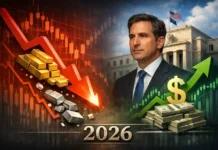 Gold fällt: Dollar steigt nach Fed-Kandidat Kevin Warsh Goldbarren und Silbermünzen vor Hintergrund von Finanzcharts