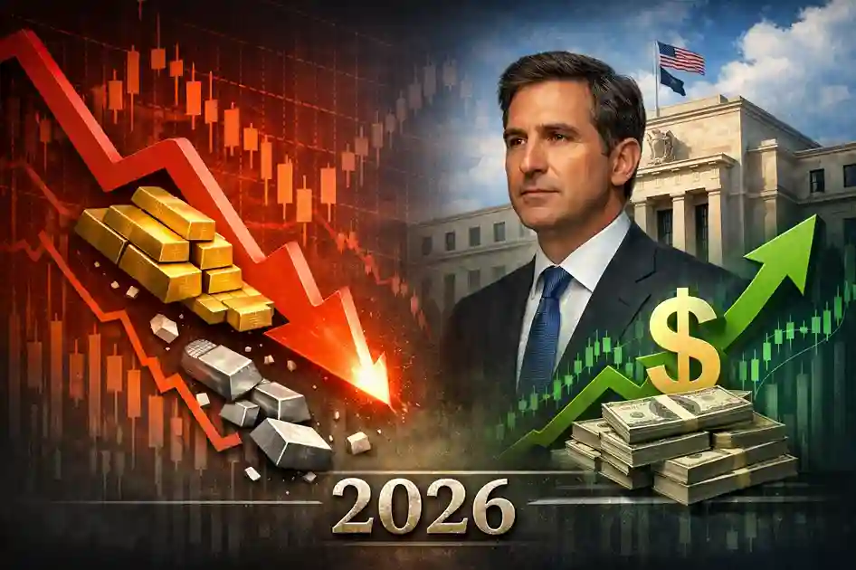 gold-silber-markt-2026 Goldbarren und Silbermünzen vor Hintergrund von Finanzcharts