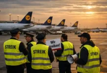 Großstreik bei Lufthansa: Piloten und Crew legen Flüge lahm Lufthansa Flugzeuge am Flughafen während eines Streiks von Piloten und Crew