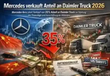 Mercedes verkauft Anteil an Daimler Truck zur Kapitalstärkung Mercedes-Benz Logo vor Fabrikgebäude mit Lastwagen