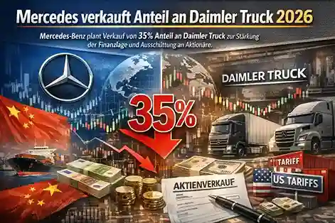 mercedes-daimler-truck-anteil-verkauf Mercedes-Benz Logo vor Fabrikgebäude mit Lastwagen