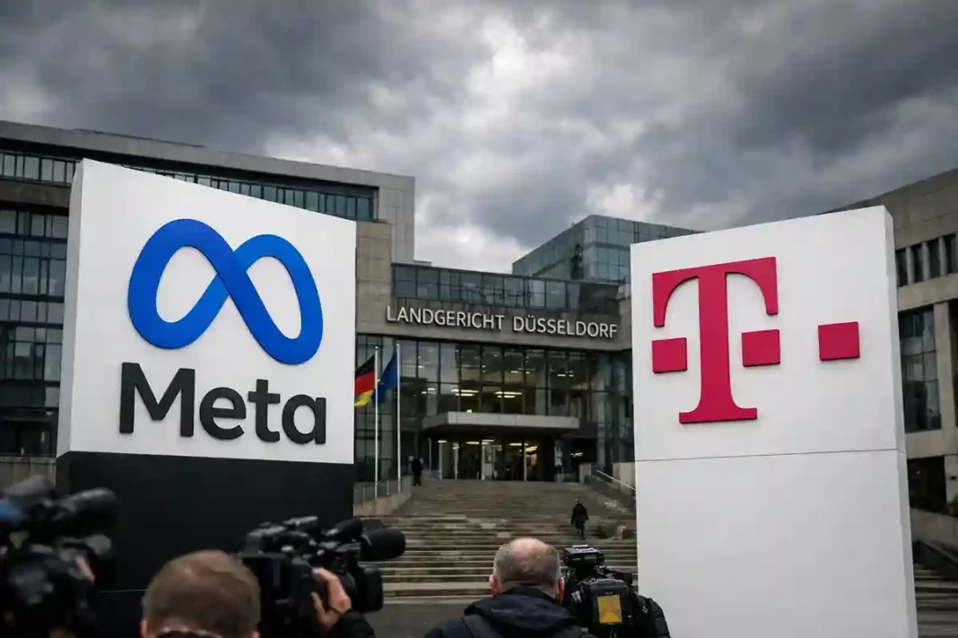 Logo von Meta und Deutsche Telekom vor einem Gerichtsgebäude in Deutschland