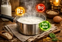 Milch richtig erhitzen: Vitamine schützen leicht gemacht Dampfende Milch im Topf, Vitamine B2, B12 und Folsäure sichtbar