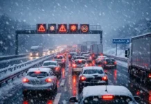Schneeschock in Deutschland: Polarwirbel stoppt Frühling Verschneite Autobahn in Deutschland mit Stau und starkem Schneefall im Winter