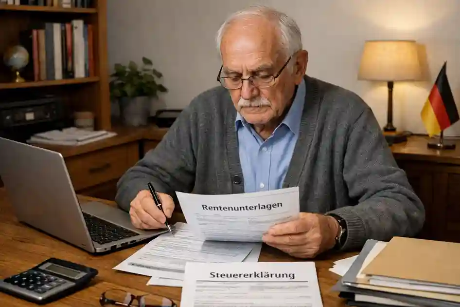 steuererklaerung-rentner-rentenversicherung Rentner prüft Steuerunterlagen zur Einkommensteuer mit Informationen der Rentenversicherung