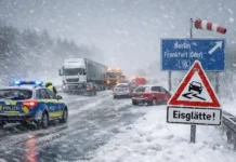 Gefrierender Regen und Ostwind: Winterchaos in Deutschland Straßen und Gehwege in Deutschland mit Eis und Schnee während stürmischem Ostwind