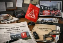 Tesla-Manager in Deutschland unter IG Metall Ermittlungen Fabrikhalle von Tesla in Deutschland, Produktionsbänder und Mitarbeiter