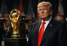 Boykott-Debatte um WM 2026: Deutschland trotzt Trump Donald Trump neben dem FIFA-WM-Pokal während der Auslosung zur Weltmeisterschaft 2026
